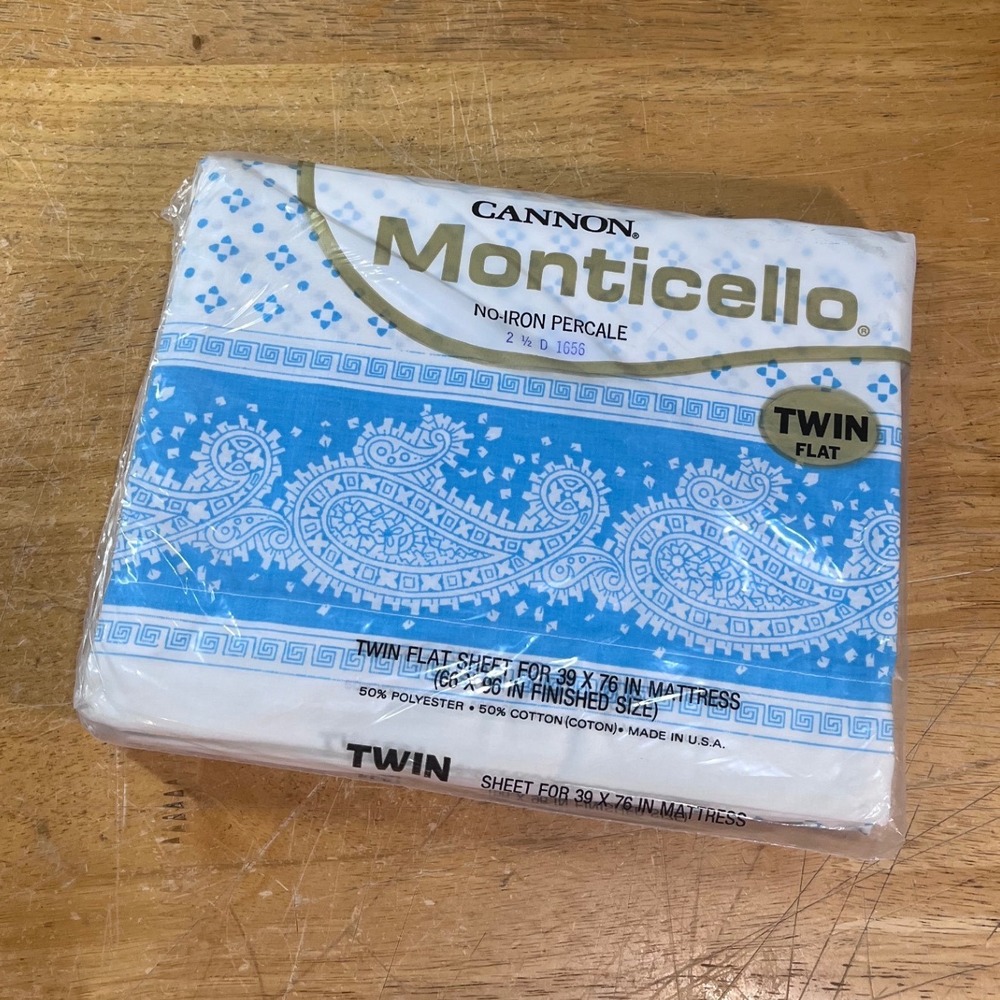 Cannon Monticello Alabar Flat Sheet Twin Blue White Vtg Paisley Percale USA
